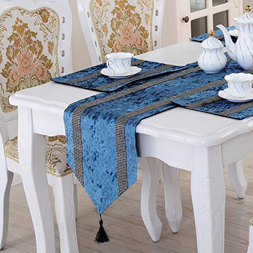 San Tungus 13x72 Inch Blue Bilateral Rhinestone Table Runner with Diamante Strip & Tassels