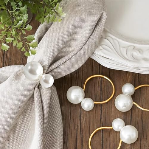 Wonlex Gold Pearl Napkin Rings Set of 12 for Weddings & Holidays