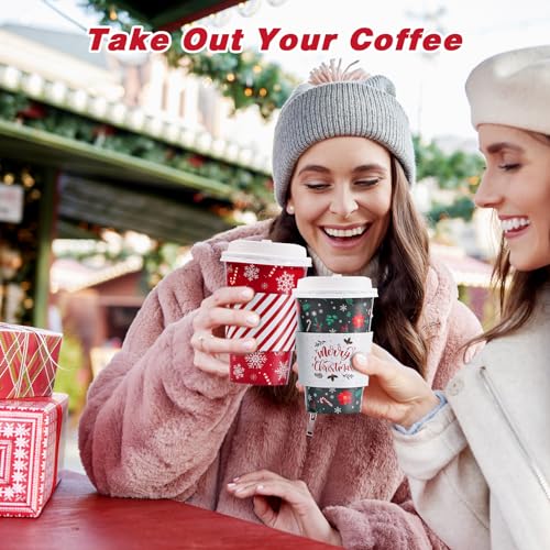 50 Pack Christmas Coffee Cups with Lids & Sleeves, 16 oz - Five Designs, 10 Each - Bapmnicc
