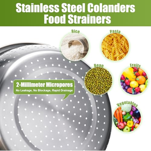 3 Sizes Stainless Steel Colander Set with Self-Draining Base Plate - Food Strainers for Pasta, Rice, Fruits & Veggies