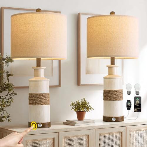 Boho Farmhouse Rattan Bedside Table Lamps Set of 2 - 24.5 inch Nightstand Lamps with Touch Dimmable Lights & USB Ports - Boho Variation