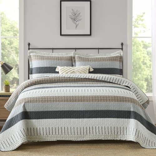 Finlonte Grey/Brown/White Queen Cotton Quilt Set 3 Pieces All-Season Farmhouse Bedding