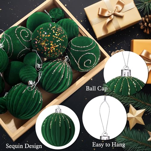 Suzile Green Velvet Christmas Ornament Set - 18 Pcs Flocked Holiday Decorations