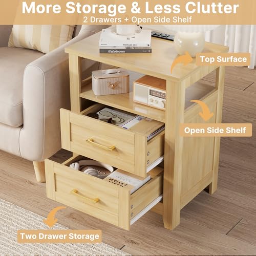 Decofy Farmhouse Oak 2-Drawer Nightstand Set of 2 with Charging Station