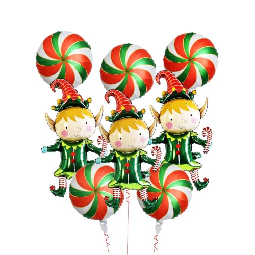 8Pcs Christmas Elf & Candy Balloons Set - Holiday Party Decorations