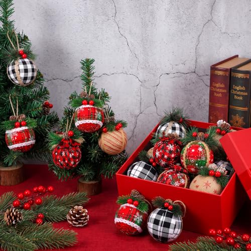 Elcoho 9 Pcs Red & Black Christmas Ball Ornaments with Plaid Designs, Jute Rope Hangers