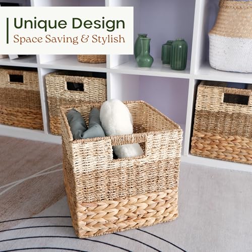 Natural Wicker Storage Cubes Set of 4 - 11x11 Inches, Foldable Organizers with Handles