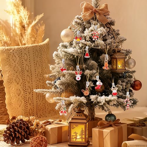48 PCS Mini Christmas Ornaments Small Tree Decorations Christmas Charms for Jewelry Making with Gold Rope for Xmas Craft Hanging Decor
