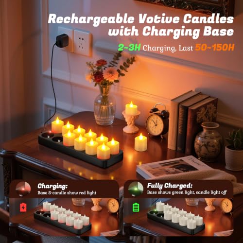 PChero 12pcs Flameless Candles with Remote & Charging Station - Rechargeable LED Tea Lights