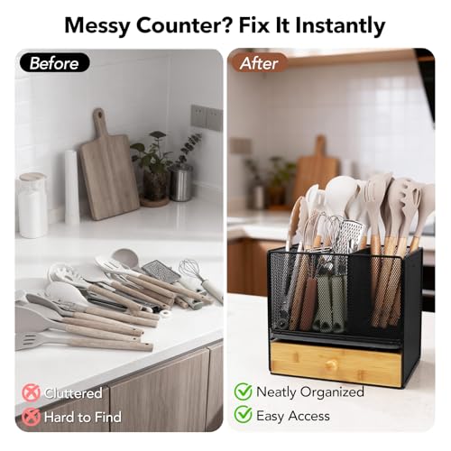 Extra Large Kitchen Utensil Holder with Drawer and Drying Base – Countertop Organizer for Cooking Tools