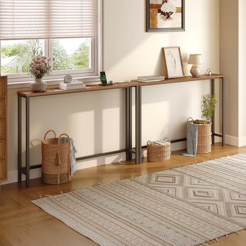 HOOBRO 47.2-Inch Narrow Console Table with Power Outlet, Rustic Brown & Black, Variation 1