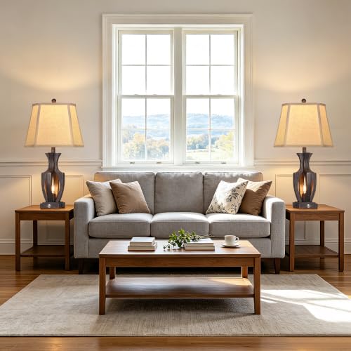 Farmhouse Table Lamps Set of 2 - 26 Inch Dimmable Nightstand Lamps with USB Ports - Bronze