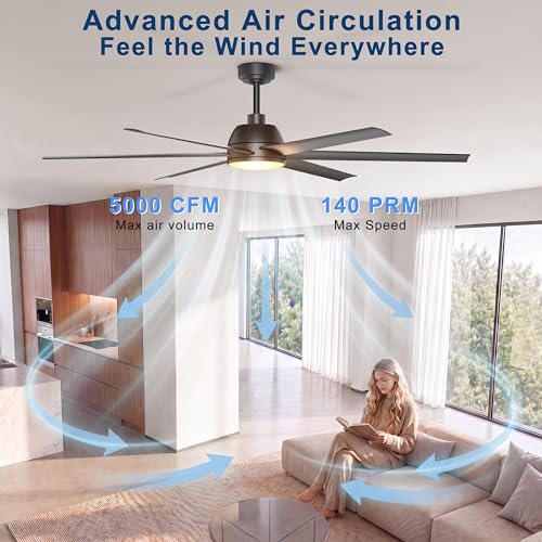 Phylluz 65 Inch Black Ceiling Fan with Lights Remote & App Control - Indoor & Covered Outdoor Patio, Dimming, 6-Speed