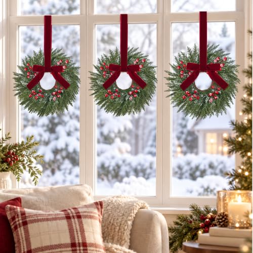 6Pcs 14-Inch Mini Christmas Wreaths for Cabinets with Velvet Bows - Festive Holiday Decor