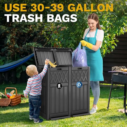 Outdoor Dual Trash Can with Tiered Lid and Drip Tray - 76 Gallon Black