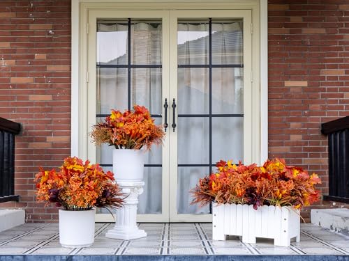 Artificial Fall Flowers Outdoor Set - Orange Red Maple & Mums, 24pcs Faux Autumn Plants for Garden & Patio