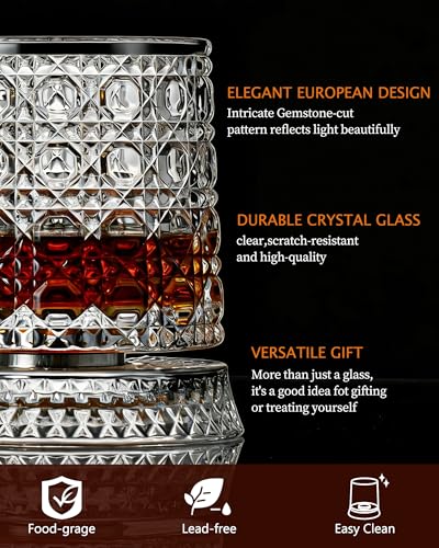CEEFU Gem Cut 360° Spinning Whiskey Glass Set of 4 with Gift Box & Ice Ball Molds