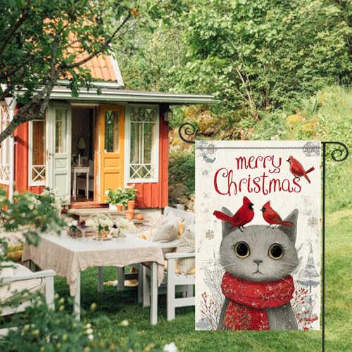 Cmialusie Colorful Christmas Garden Flag 11.81 x 17.72 inch Gray Cat & Red Cardinals Holiday Yard Decor