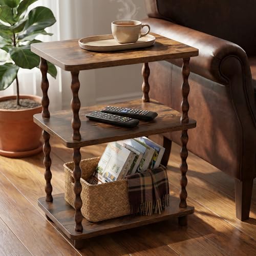 Brown Narrow 3-Tier Side Table with Storage - Rustic Oblong End Table