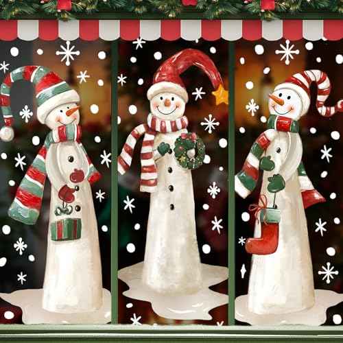 3 Sheets Christmas Extra Large Snowman Window Clings, Winter Snowflakes Xmas Window Stickers Decals for Indoor Outdoor Home Holiday Party Store Glass Decorations