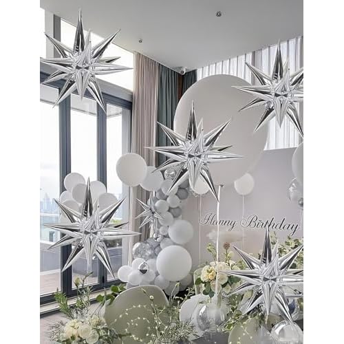 Silver Star Balloons,8Pcs Foil Balloons Explosion Star Balloon One-Piece 14-Pointed Spike Cone Mylar Balloon for halloween Birthday Wedding Bachelorette Disco Party Decorations