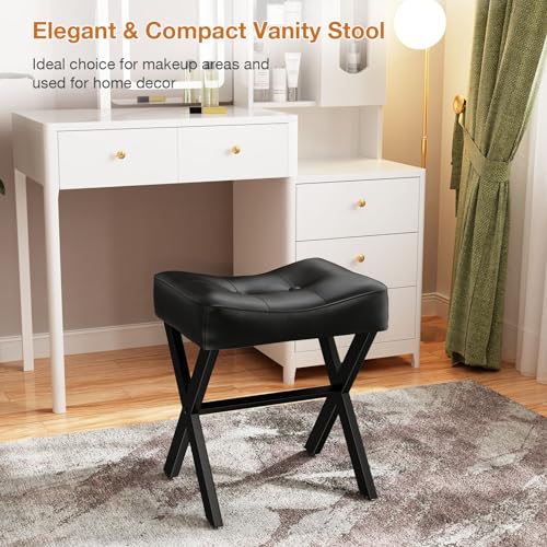 Small Black Leather Vanity Stool Chair - 18-Inch Elegant Saddle Seat