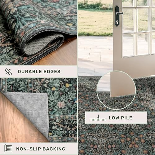 Dark Green & Black 3x10 ft Extra Long Runner Rug for Hallway Kitchen Non Slip Washable Vintage Floral