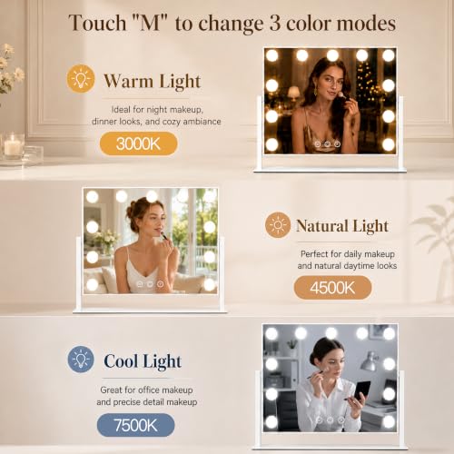 Hollywood Makeup Mirror with Lights - White Frame, 16 x 12.9 inch, Touch Control, 11 LED Bulbs, Detachable 10X Magnifier