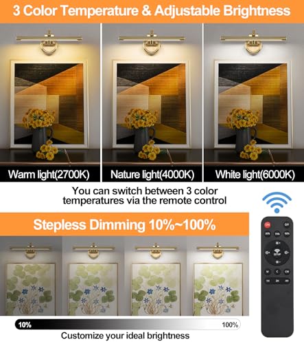 Brass Wall Picture Light 15.7 Inch - Wireless Dimmable Art Spotlight with Remote