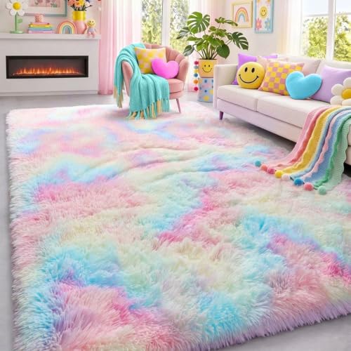 8x10 Rainbow Area Rug - Pastel Plush Carpet for Bedroom Girls - Non-Slip