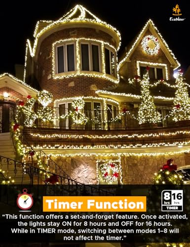 EcoNour 19.6 Ft 480 LED Warm White Cluster Lights - 8 Modes, IP44 Waterproof