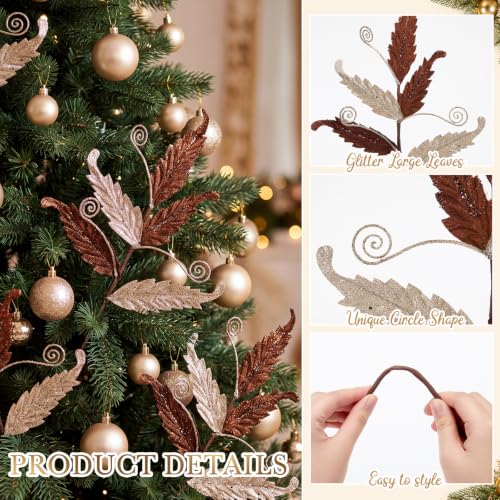 HyDren 10 Pcs Christmas Glitter Leaves Ornaments, Gold & Brown, Festive Decorations