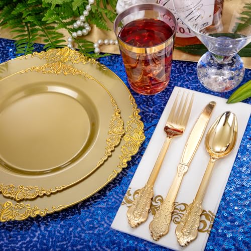 Morejoy Gold 175PCS Disposable Dinnerware Set with Gold Rim – Elegant Party Plates