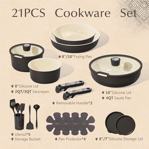 Ceramic Cookware Set with Detachable Handles - Charcoal, 21 Pieces