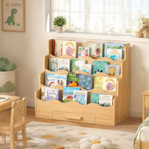 4-Tier Montessori Kids Bookshelf with Scalloped Edges and Drawer