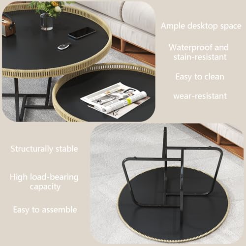 Nesting Coffee Table Set of 2 - Modern Wicker & Metal Side Tables, 27.6 & 19.7 inch