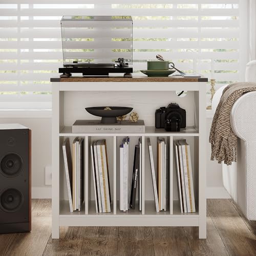 ChooChoo Antique White Large Record Player Stand with Charging Station & LED Light