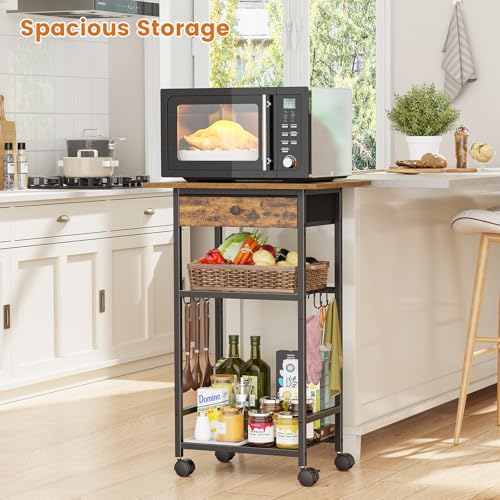 Draelibor Rustic Brown 4-Tier Microwave Cart with Adjustable Shelf & Drawer - Kitchen Utility Storage Stand