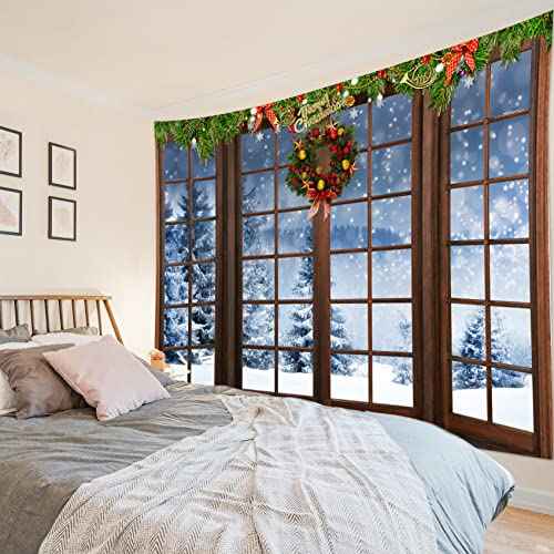 HVEST Christmas Winter Tapestry Snow Forest outside Windows Tapestries Wall Hanging Red Xmas Balls and Christmas Wreath Tapestry for Bedroom Living Room Dorm Wall Decor, 60W x 40H inches