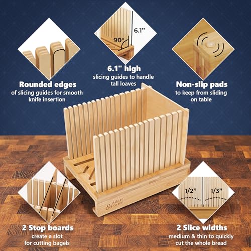 Albert & Grace Adjustable Bamboo Bread Slicer with Folding Guides — Sturdy, Adjustable for Artisan Loaves
