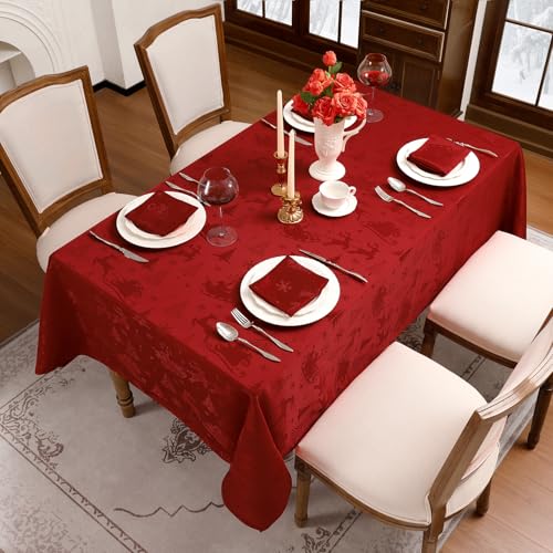 Romanstile Christmas Jacquard Rectangular Tablecloth 60x144 Inch Red - Festive Holiday Dining Decor