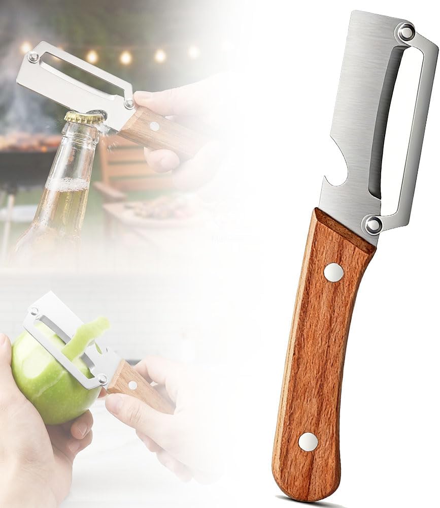 Skiennix Vegetable Peeler - 2-in-1 Multi-Functional Kitchen Tool with Wooden Handle & Bottle Opener | Stainless Steel
