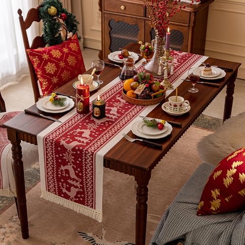 UWWGKK Red 14x119 Inch Elk Christmas Table Runner with Tassel Fringe