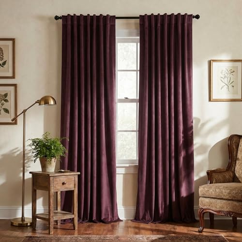 Dark Burgundy Velvet Blackout Curtains 52W x 84L - 2 Panels, Thermal Insulated