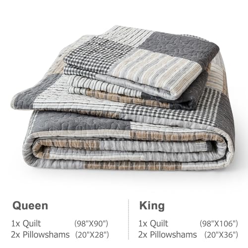 Finlonte Queen Size Cotton Quilt Set 90x98 Reversible Farmhouse Bedding Gray