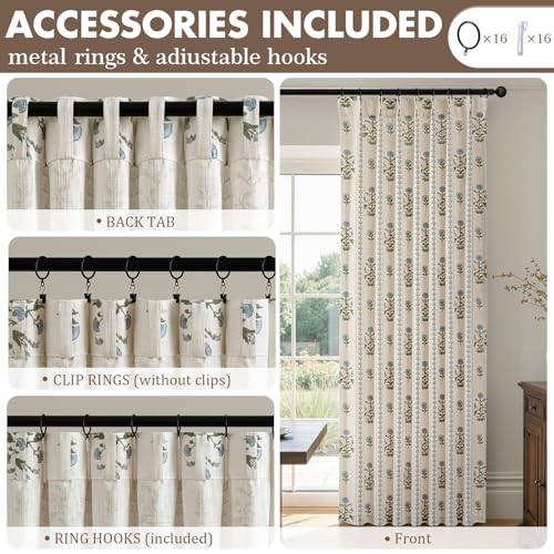 Slozzi Blue & Beige White Floral Linen Pleated Curtains - Pack of 2, 40" W x 96" L