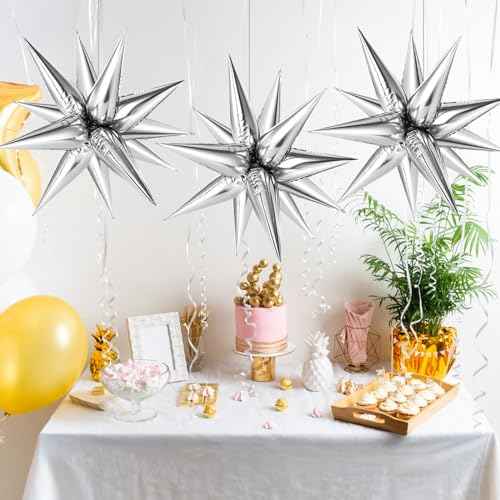 36 Pcs Silver Star Balloons Explosion 12 Point Foil Cone Balloons Spike Mylar Balloon Large for Wedding, Anniversary, Backdrop, Birthday Party Decorations
