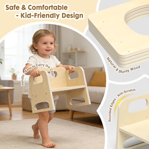 Natural Montessori Toddler Table and Chair Set with Adjustable Height - Baby Proofed Kids Learning & Eating Furniture