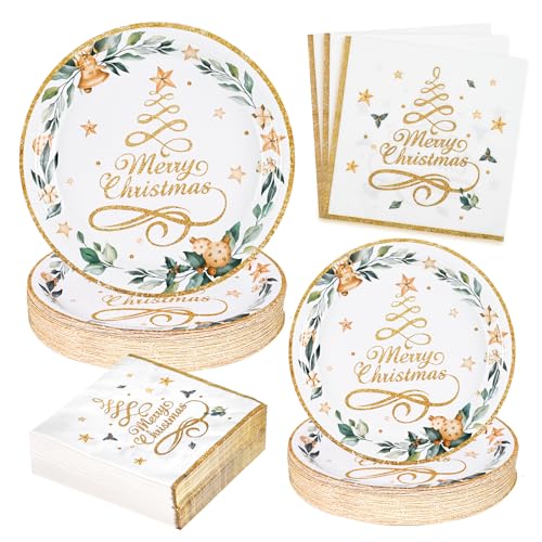 Homlouue Gold Christmas Tree Paper Plates & Napkins - Serve 50 Guests