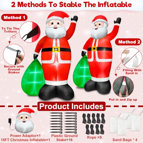 15FT Inflatable Santa Claus with Gift Bag & LED Lights, Outdoor Christmas Decor
